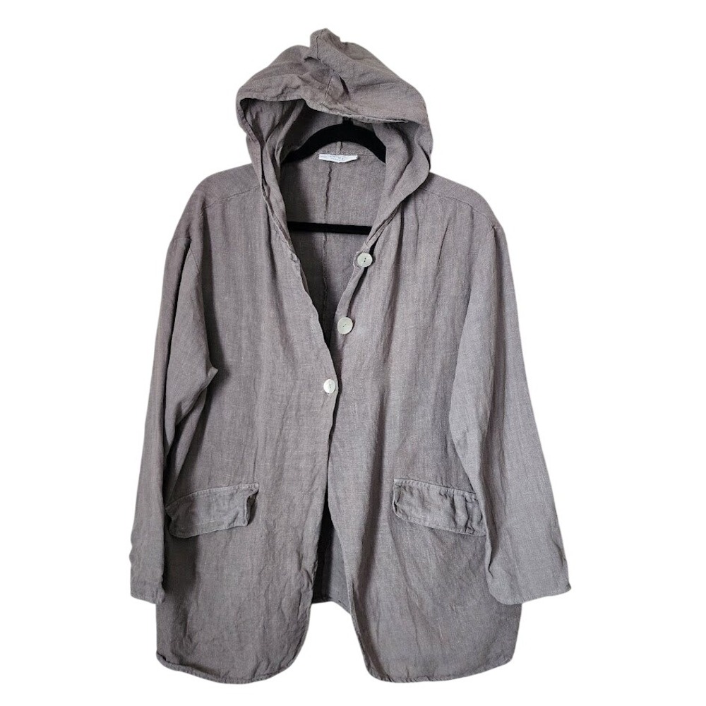 BRYN WALKER 100% Linen Hooded Jacket Relaxed Lagenlook Minimalist Coat grey S